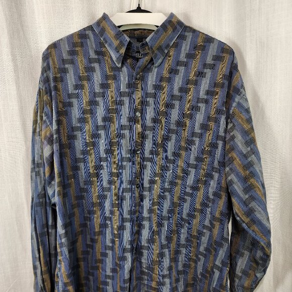 Gillio Dress Shirt XXL Hidden Button Down Collar Gray Blue Tan Abstract Stripe - Picture 1 of 5